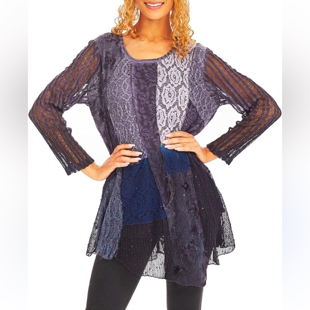 Fantazia sweater Top Size L BOHO Blue Lace Patchwork Crew Neck Lined Asymetric